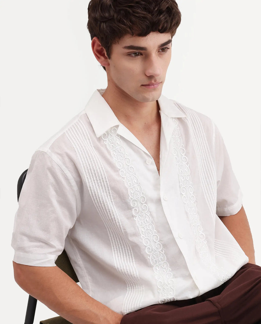 Rare Rabbit Men's Tuko White Cotton Fabric Half Sleeve Cuban Collar Relaxed fit Embroidered Shirt