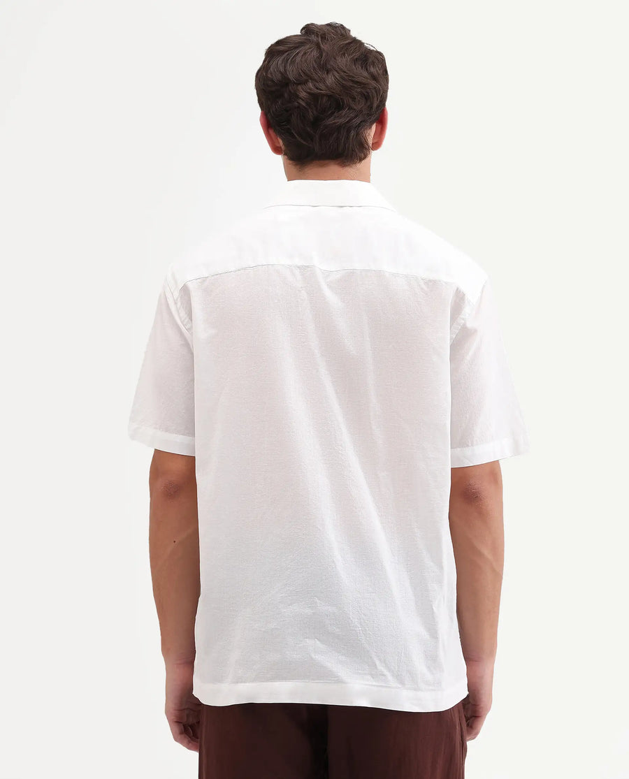 Rare Rabbit Men's Tuko White Cotton Fabric Half Sleeve Cuban Collar Relaxed fit Embroidered Shirt