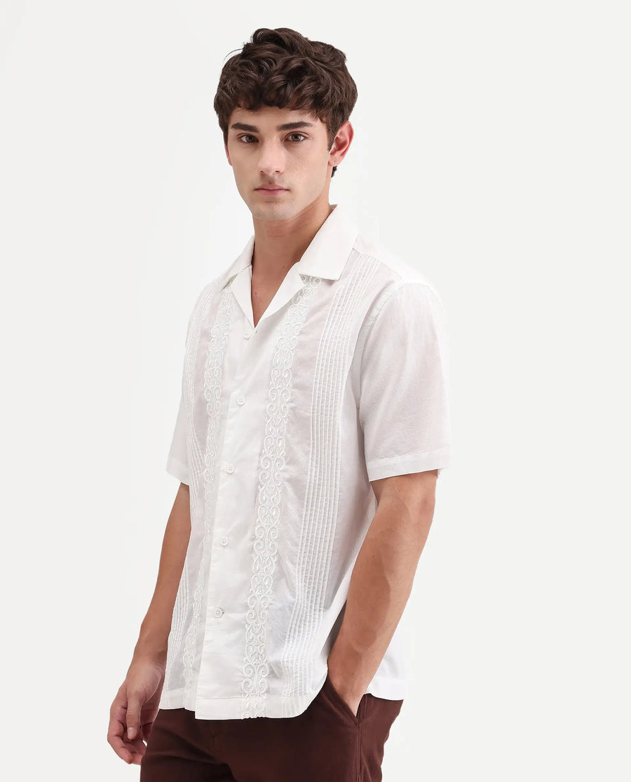 Rare Rabbit Men's Tuko White Cotton Fabric Half Sleeve Cuban Collar Relaxed fit Embroidered Shirt
