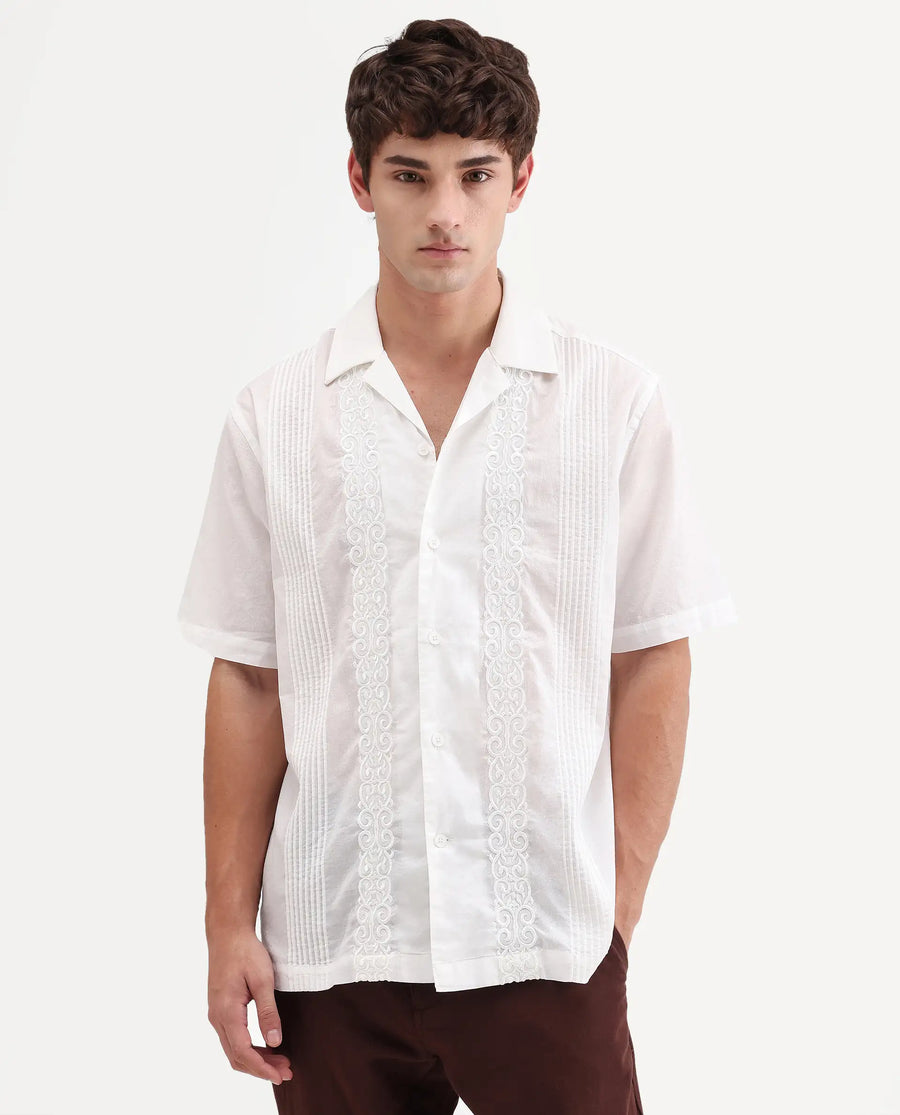 Rare Rabbit Men's Tuko White Cotton Fabric Half Sleeve Cuban Collar Relaxed fit Embroidered Shirt