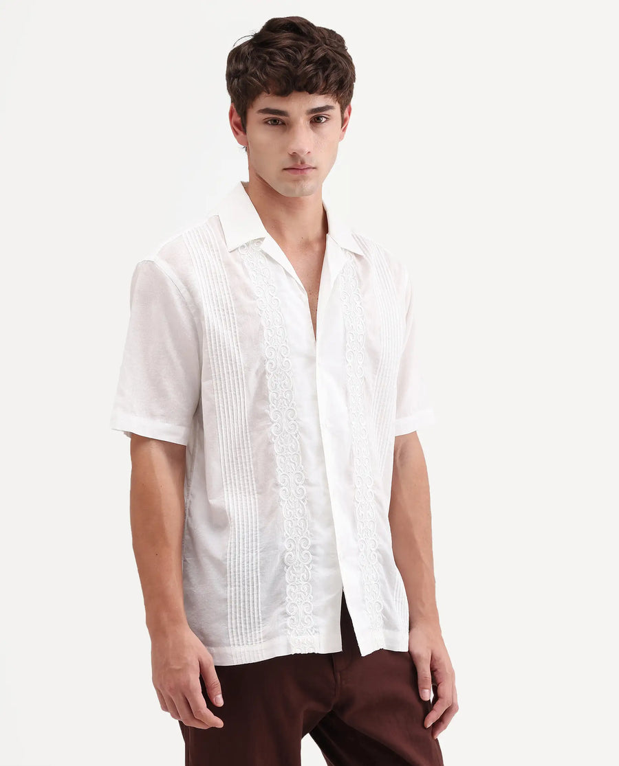Rare Rabbit Men's Tuko White Cotton Fabric Half Sleeve Cuban Collar Relaxed fit Embroidered Shirt