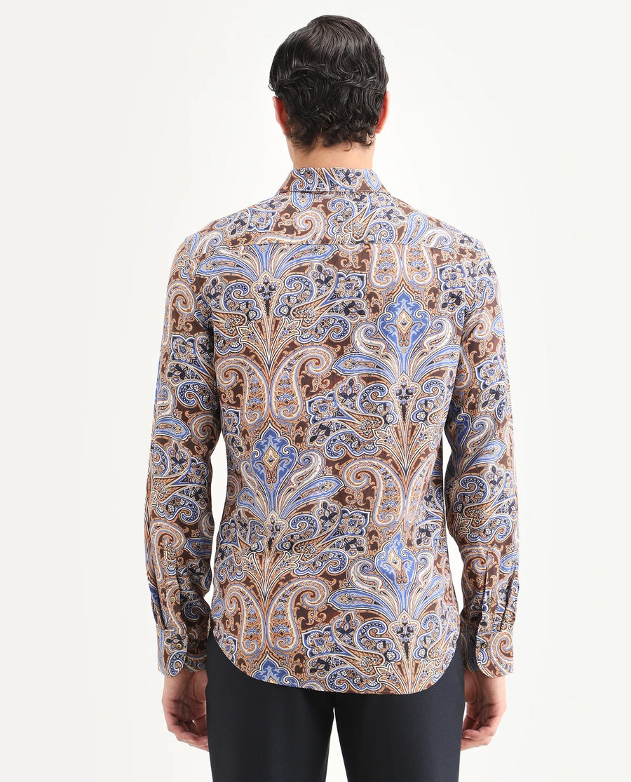 Rare Rabbit Men's Zila Brown Cotton Fabric Full Sleeve Spread Collar Regular Fit Paisley Print Shirt