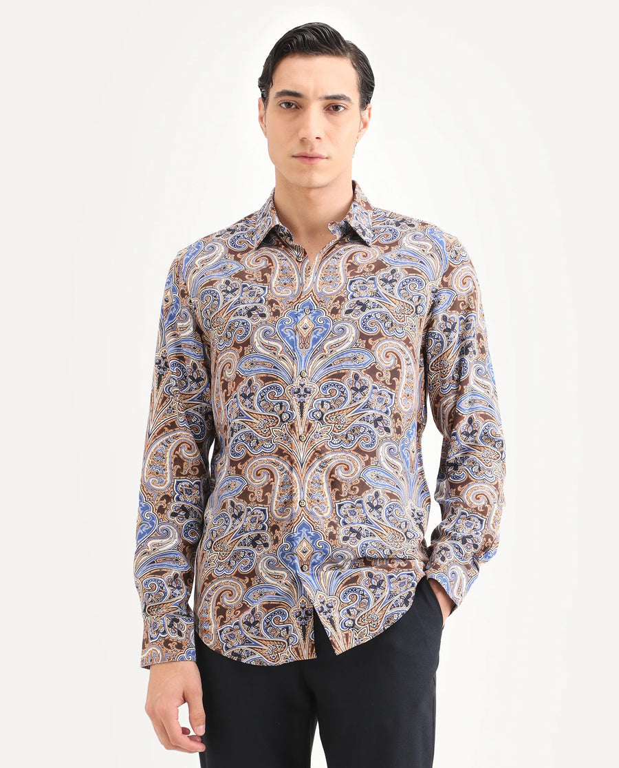 Rare Rabbit Men's Zila Brown Cotton Fabric Full Sleeve Spread Collar Regular Fit Paisley Print Shirt
