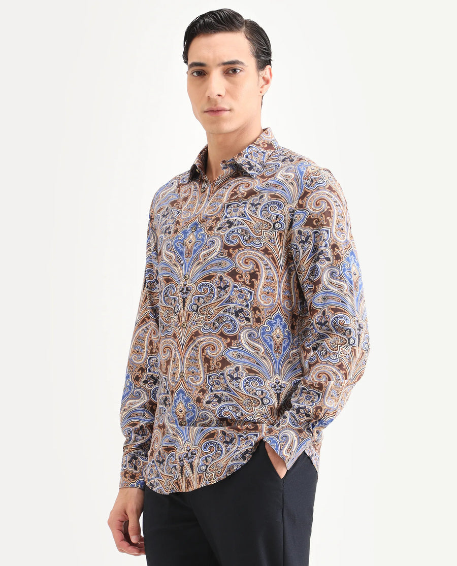 Rare Rabbit Men's Zila Brown Cotton Fabric Full Sleeve Spread Collar Regular Fit Paisley Print Shirt