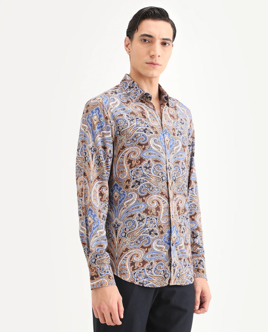 Rare Rabbit Men's Zila Brown Cotton Fabric Full Sleeve Spread Collar Regular Fit Paisley Print Shirt