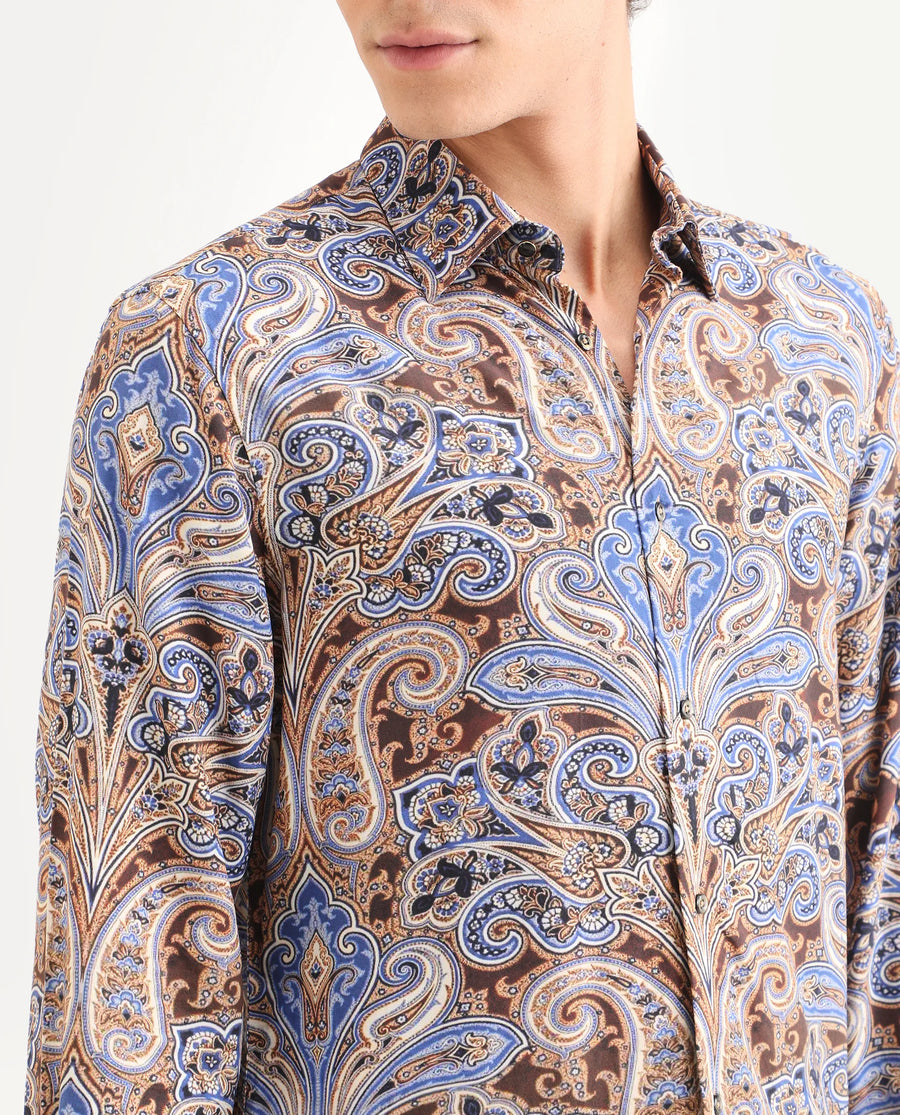 Rare Rabbit Men's Zila Brown Cotton Fabric Full Sleeve Spread Collar Regular Fit Paisley Print Shirt