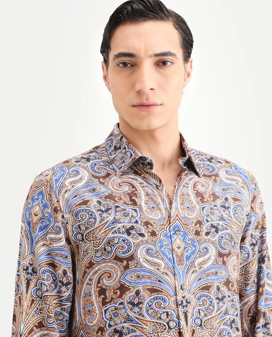 Rare Rabbit Men's Zila Brown Cotton Fabric Full Sleeve Spread Collar Regular Fit Paisley Print Shirt