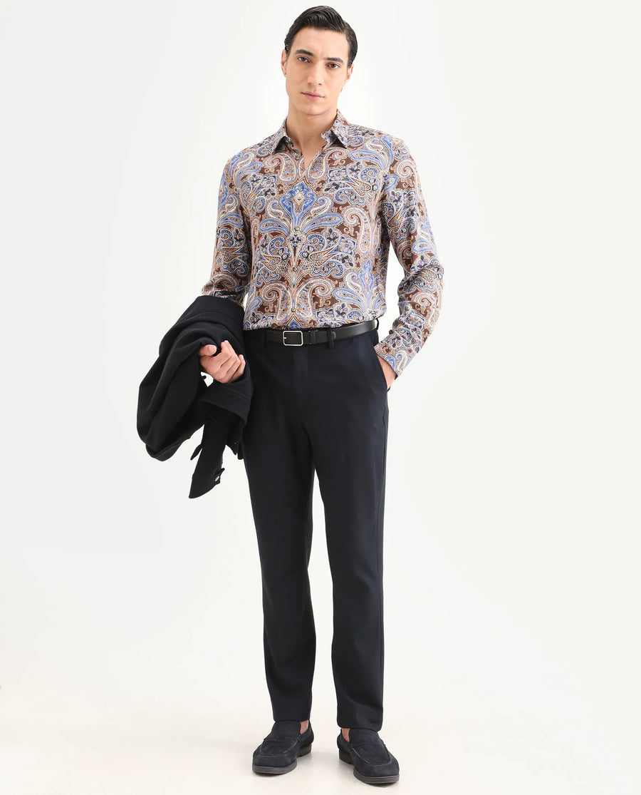 Rare Rabbit Men's Zila Brown Cotton Fabric Full Sleeve Spread Collar Regular Fit Paisley Print Shirt