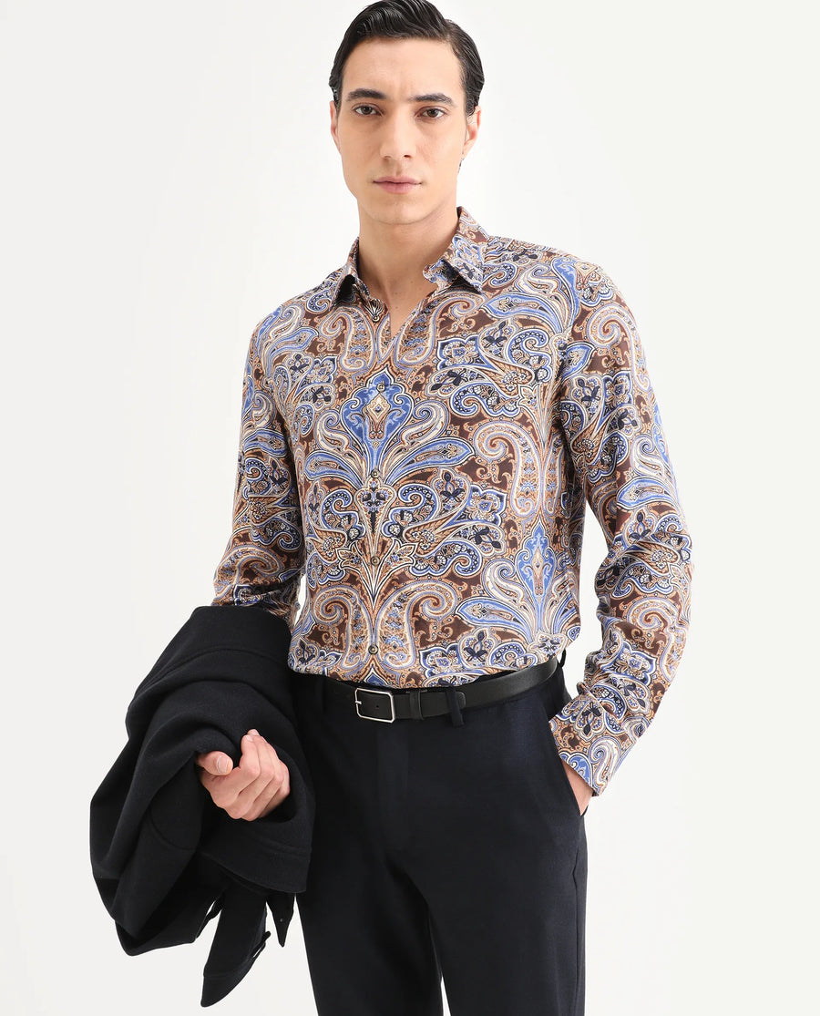 Rare Rabbit Men's Zila Brown Cotton Fabric Full Sleeve Spread Collar Regular Fit Paisley Print Shirt