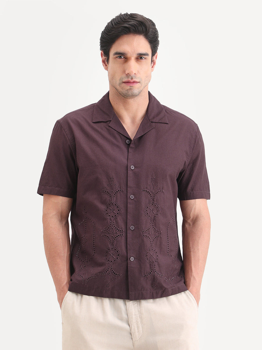 Rare Rabbit Men's Texa Maroon Cotton Fabric Half Sleeve Cuban Collar Relaxed Fit Embroidered Shirt