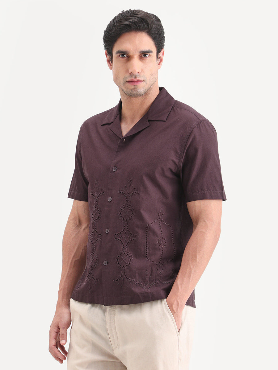 Rare Rabbit Men's Texa Maroon Cotton Fabric Half Sleeve Cuban Collar Relaxed Fit Embroidered Shirt