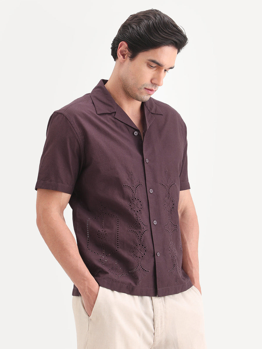 Rare Rabbit Men's Texa Maroon Cotton Fabric Half Sleeve Cuban Collar Relaxed Fit Embroidered Shirt