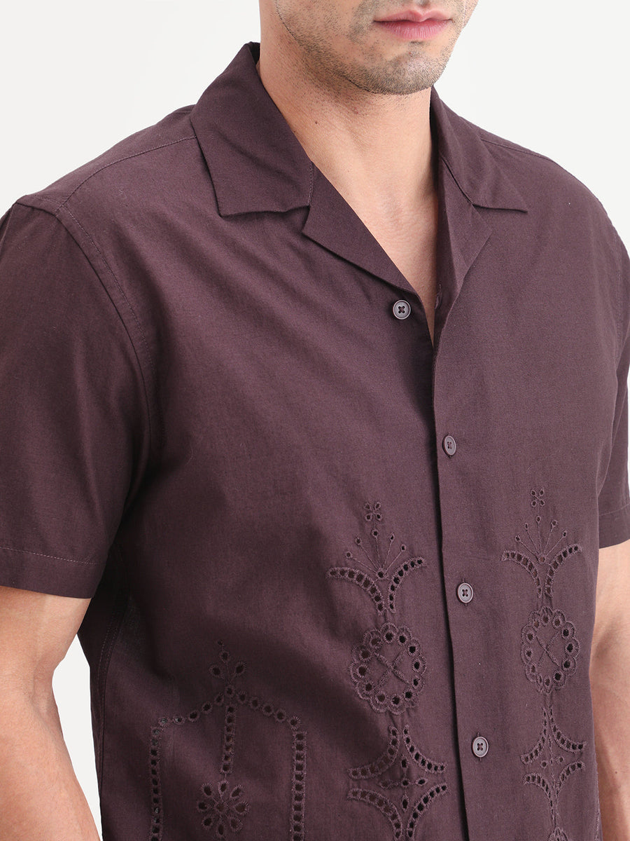 Rare Rabbit Men's Texa Maroon Cotton Fabric Half Sleeve Cuban Collar Relaxed Fit Embroidered Shirt
