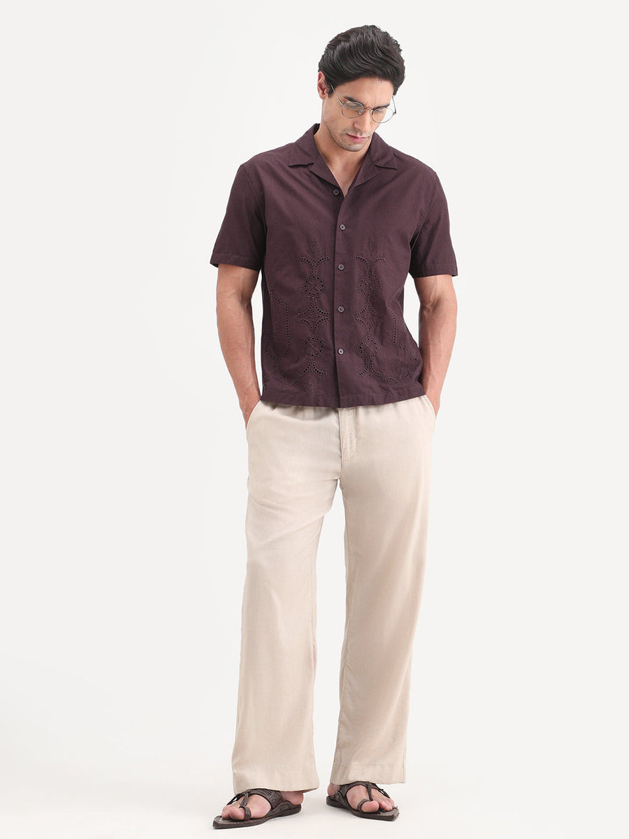 Rare Rabbit Men's Texa Maroon Cotton Fabric Half Sleeve Cuban Collar Relaxed Fit Embroidered Shirt