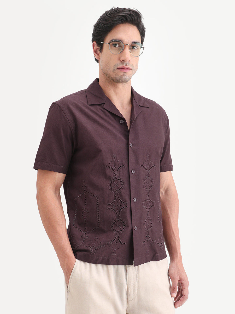 Rare Rabbit Men's Texa Maroon Cotton Fabric Half Sleeve Cuban Collar Relaxed Fit Embroidered Shirt