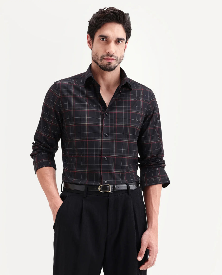 Rare Rabbit Men's Lewto Black Cotton Full Sleeve Spread Collar Regular Fit Checked Shirt