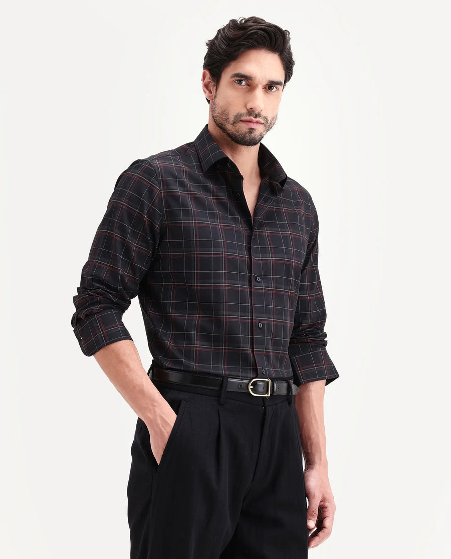 Rare Rabbit Men's Lewto Black Cotton Full Sleeve Spread Collar Regular Fit Checked Shirt
