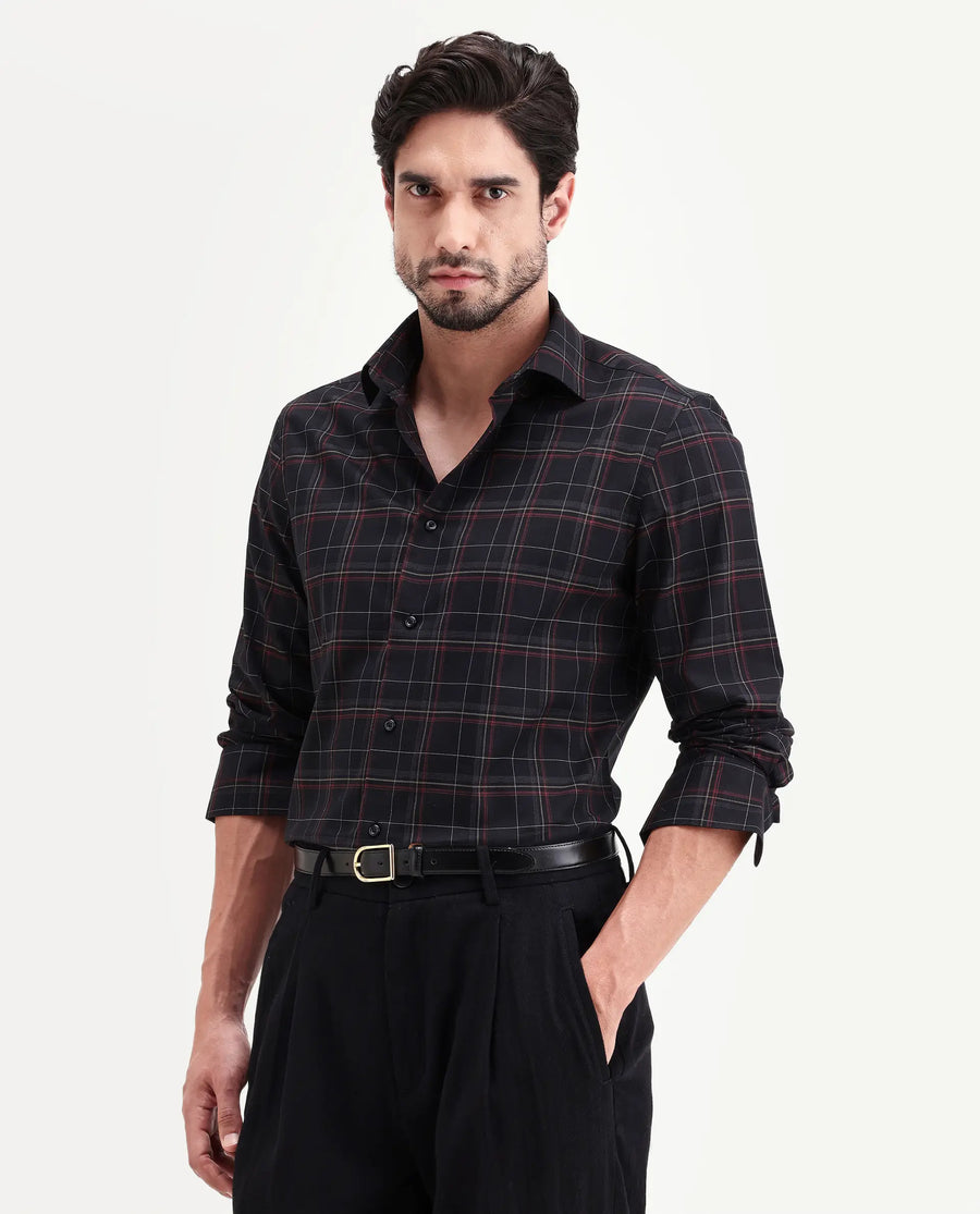 Rare Rabbit Men's Lewto Black Cotton Full Sleeve Spread Collar Regular Fit Checked Shirt