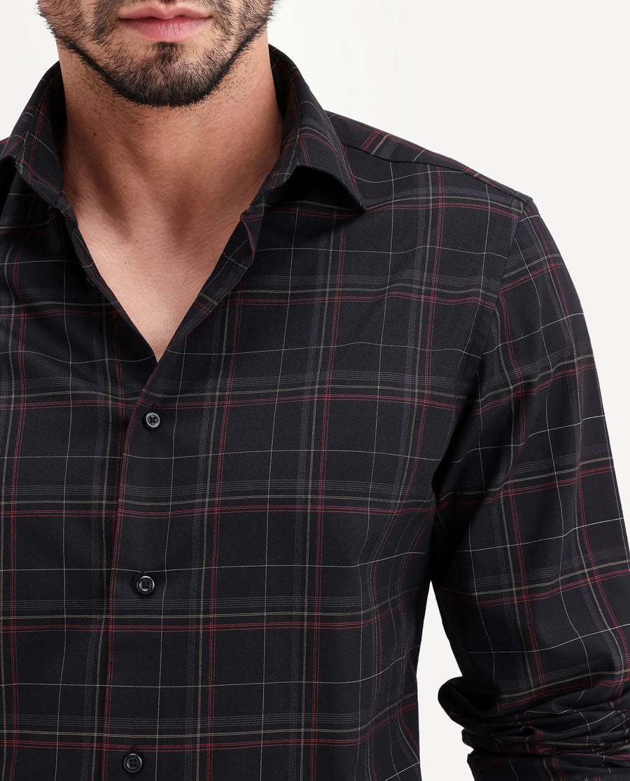 Rare Rabbit Men's Lewto Black Cotton Full Sleeve Spread Collar Regular Fit Checked Shirt