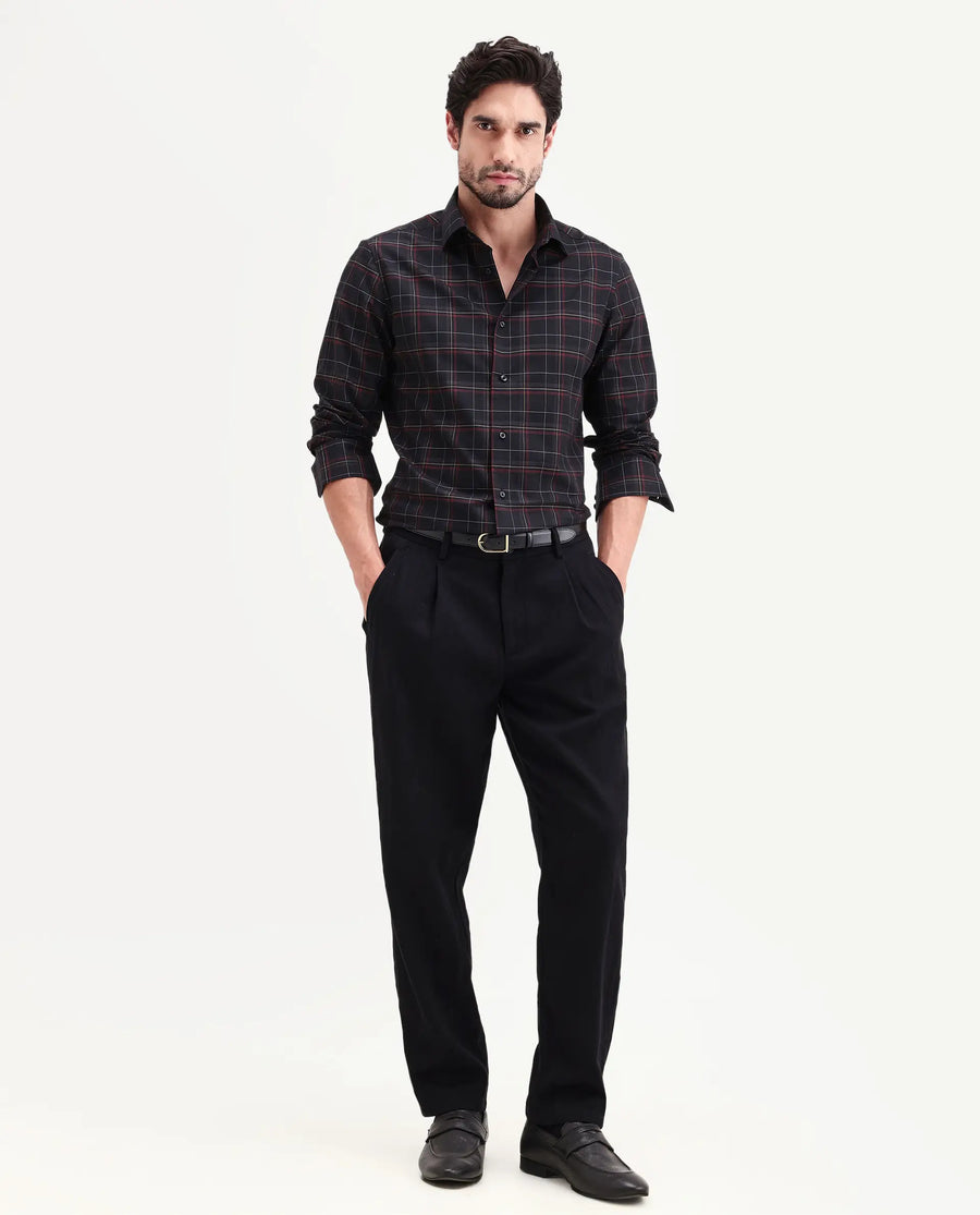 Rare Rabbit Men's Lewto Black Cotton Full Sleeve Spread Collar Regular Fit Checked Shirt