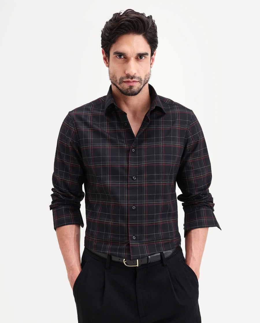 Rare Rabbit Men's Lewto Black Cotton Full Sleeve Spread Collar Regular Fit Checked Shirt
