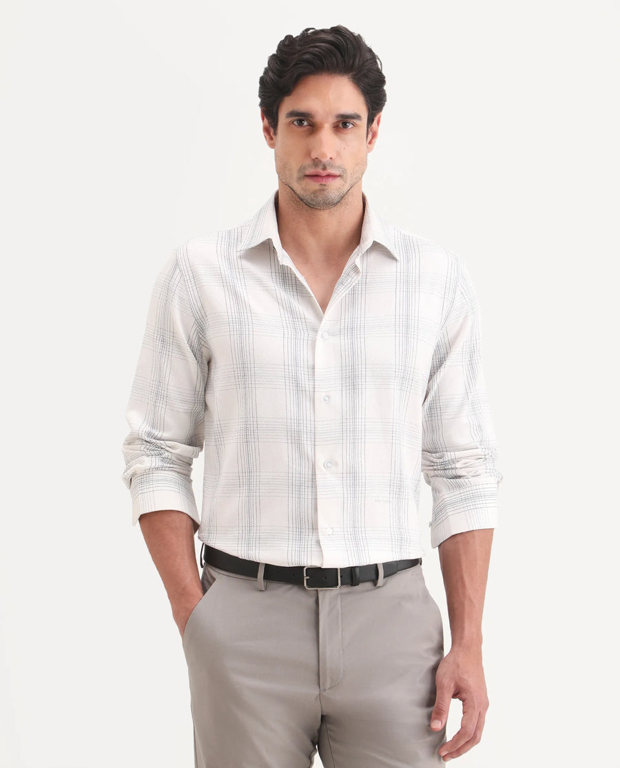 Rare Rabbit Men's Raul-S26 White Cotton Full Sleeve Spread Collar Regular Fit Checked Shirt