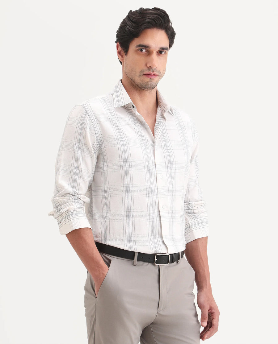 Rare Rabbit Men's Raul-S26 White Cotton Full Sleeve Spread Collar Regular Fit Checked Shirt