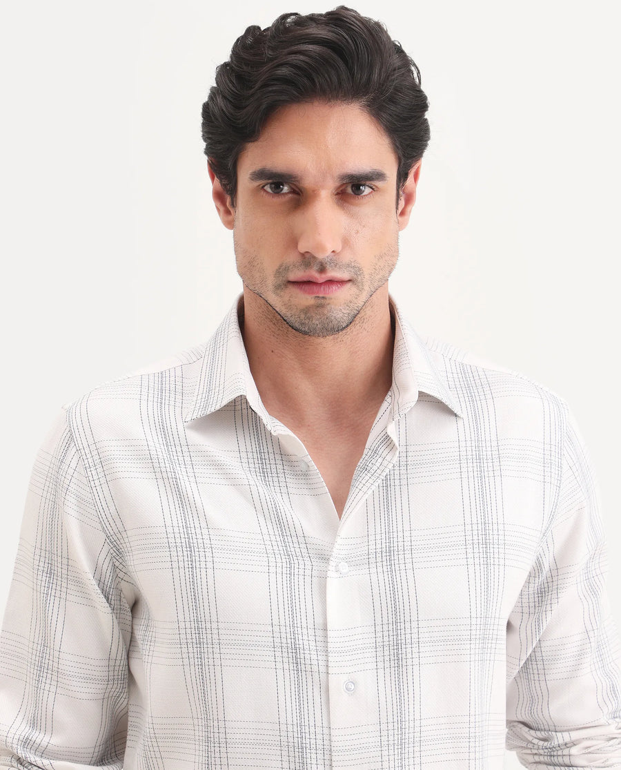 Rare Rabbit Men's Raul-S26 White Cotton Full Sleeve Spread Collar Regular Fit Checked Shirt