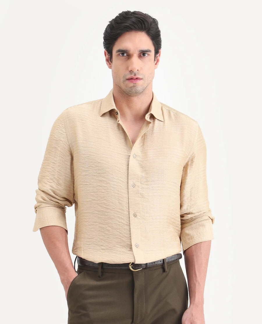 Rare Rabbit Men's Vaxon-26 Light Beige Viscose Blend Full Sleeve Spread Collar Regular Fit Checked Shirt