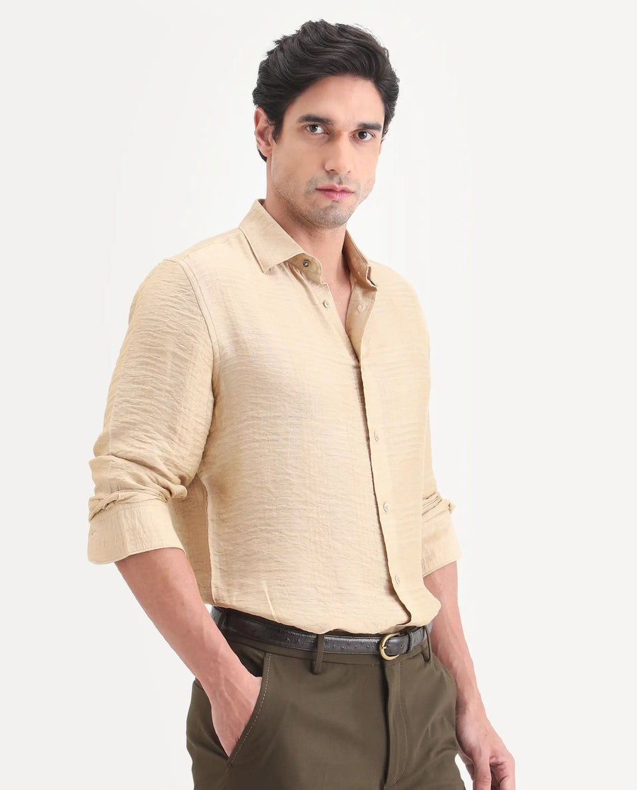Rare Rabbit Men's Vaxon-26 Light Beige Viscose Blend Full Sleeve Spread Collar Regular Fit Checked Shirt