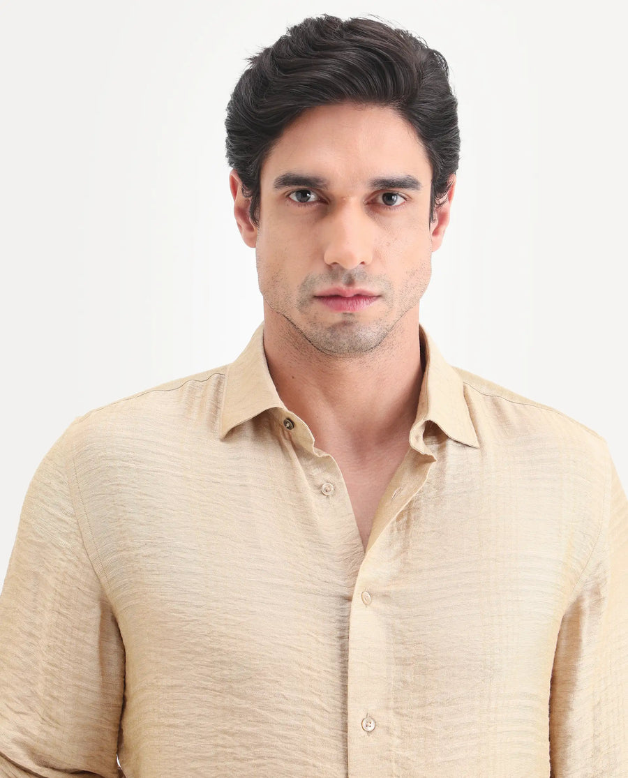 Rare Rabbit Men's Vaxon-26 Light Beige Viscose Blend Full Sleeve Spread Collar Regular Fit Checked Shirt