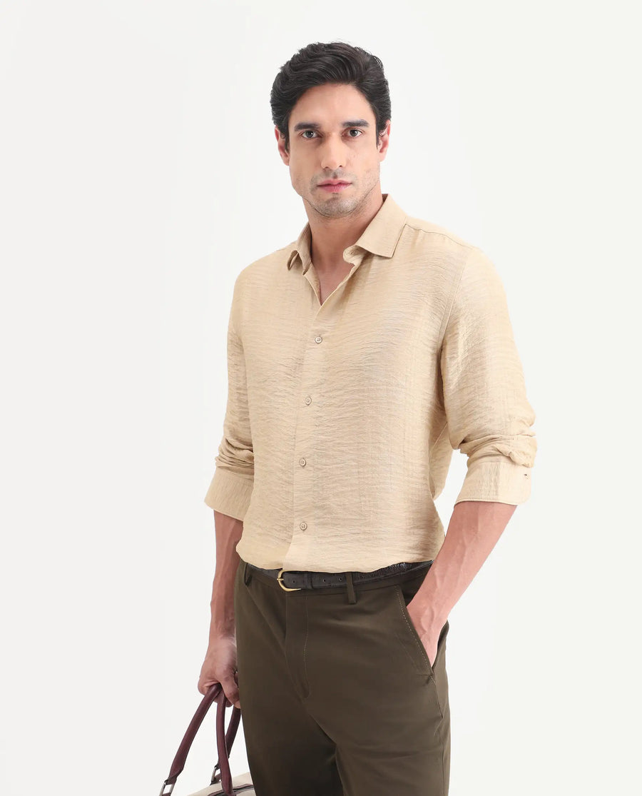 Rare Rabbit Men's Vaxon-26 Light Beige Viscose Blend Full Sleeve Spread Collar Regular Fit Checked Shirt