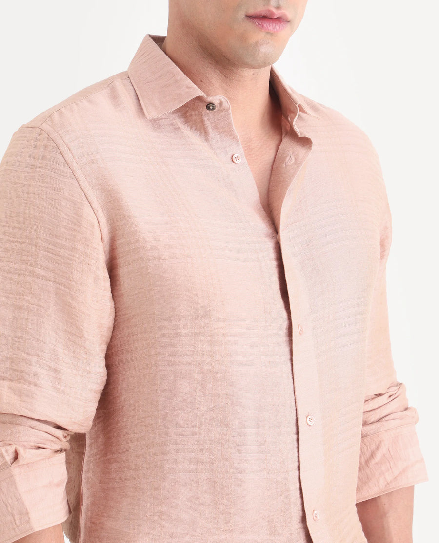 Rare Rabbit Men's Vaxon-26 Light Peach Viscose Blend Full Sleeve Spread Collar Regular Fit Checked Shirt