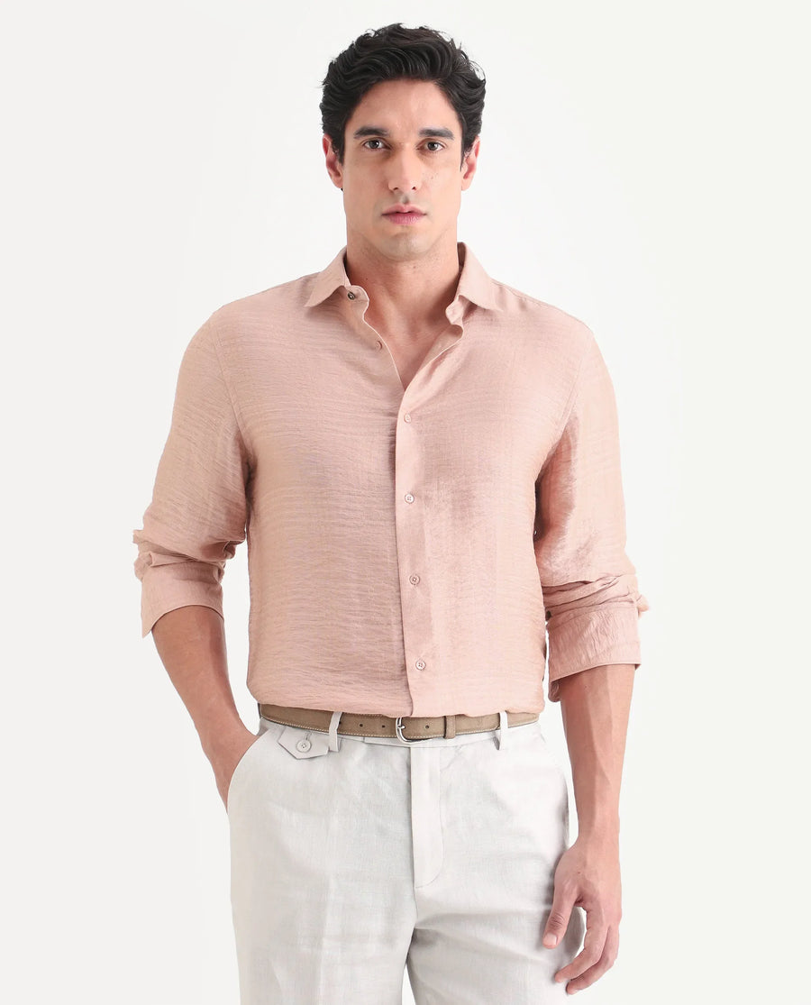 Rare Rabbit Men's Vaxon-26 Light Peach Viscose Blend Full Sleeve Spread Collar Regular Fit Checked Shirt