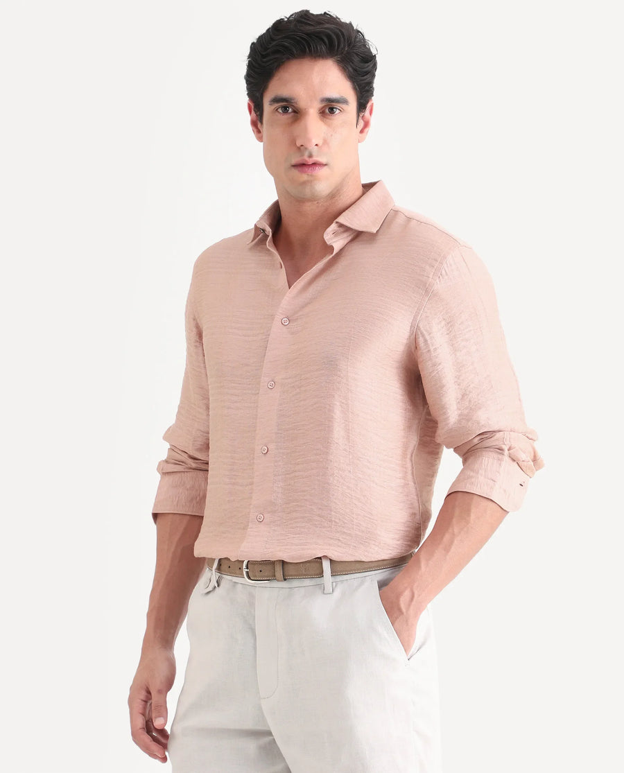 Rare Rabbit Men's Vaxon-26 Light Peach Viscose Blend Full Sleeve Spread Collar Regular Fit Checked Shirt