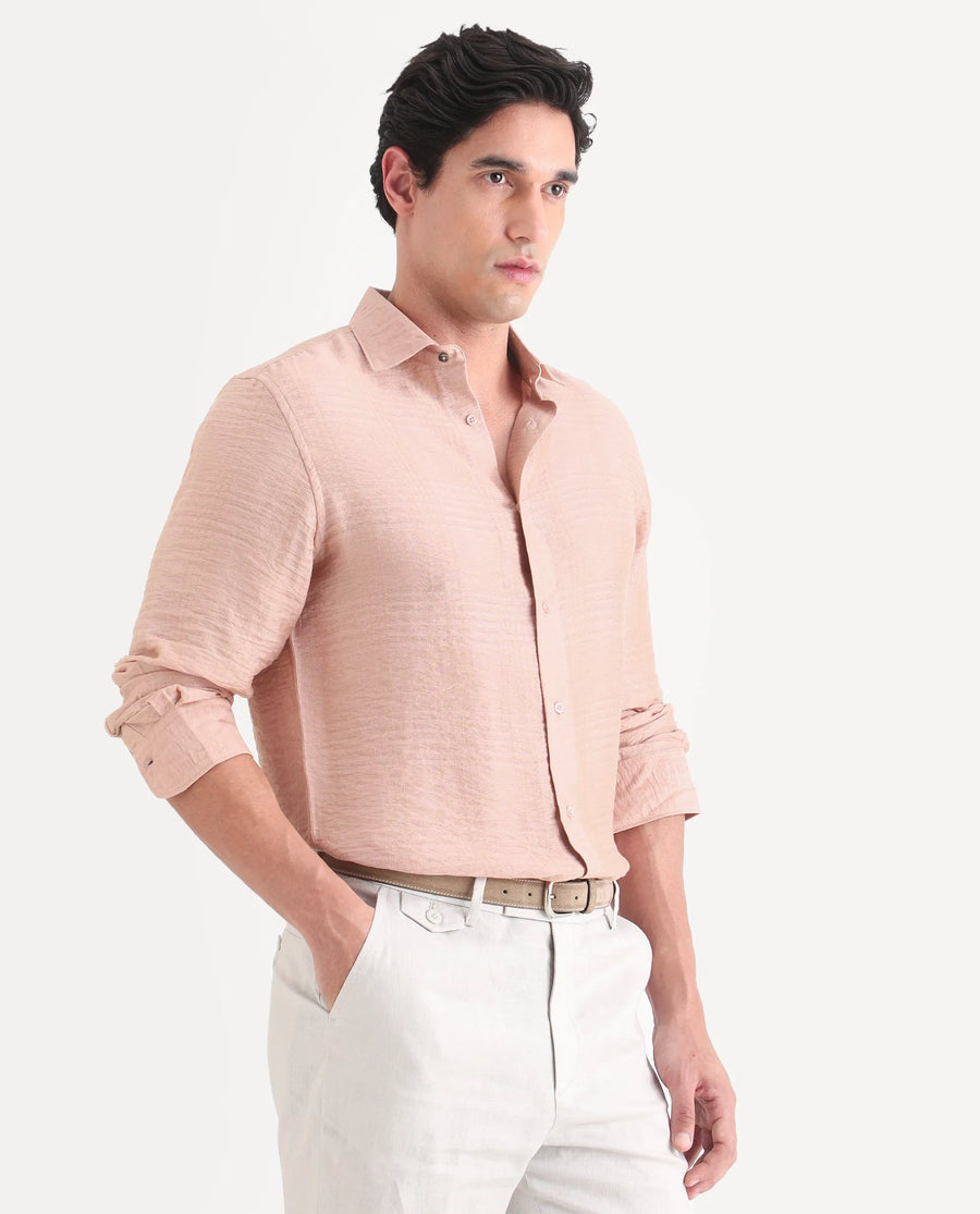 Rare Rabbit Men's Vaxon-26 Light Peach Viscose Blend Full Sleeve Spread Collar Regular Fit Checked Shirt