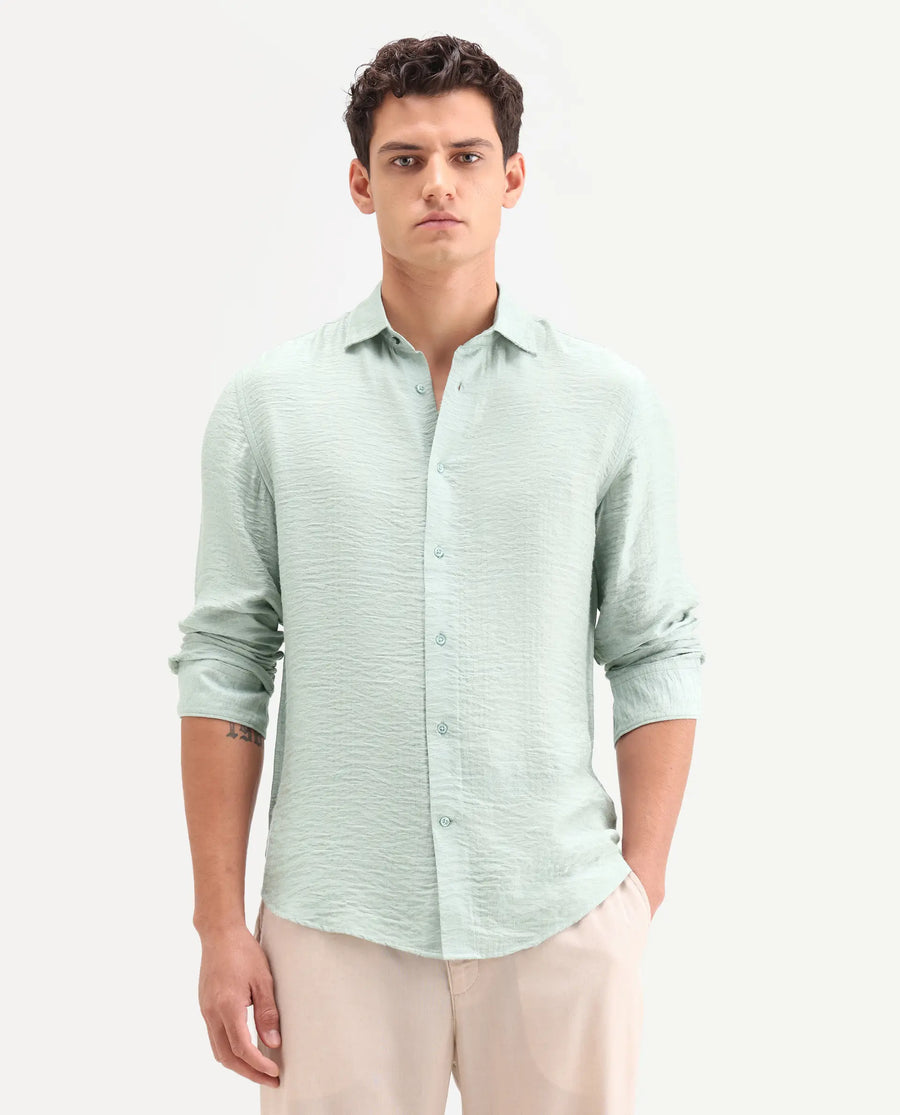 Rare Rabbit Men's Vaxon-26 Pastel Green Viscose Blend Full Sleeve Spread Collar Regular Fit Checked Shirt