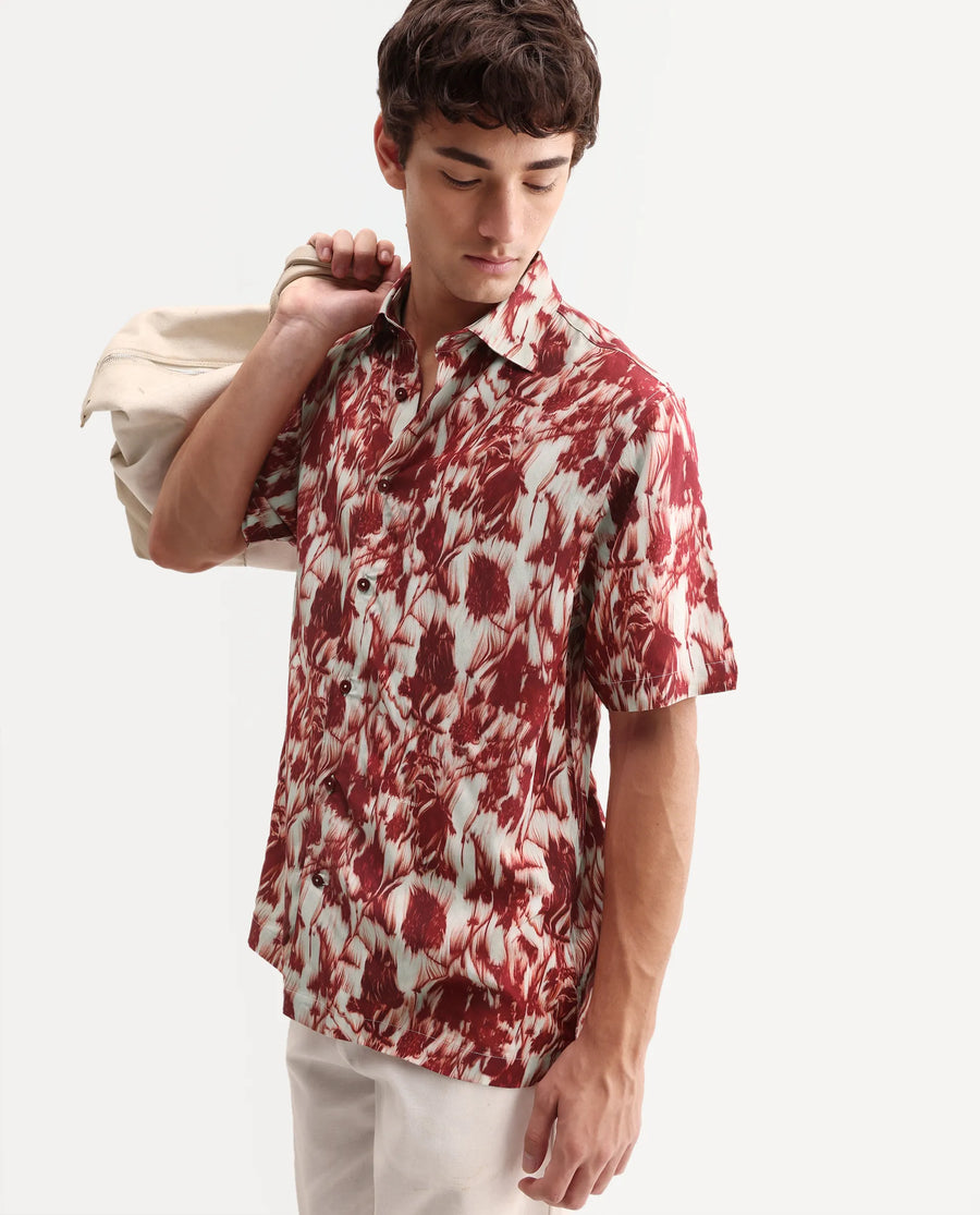 Rare Rabbit Men's Ziya Red Viscose Fabric Half Sleeve Regular Fit Abstract Print Shirt