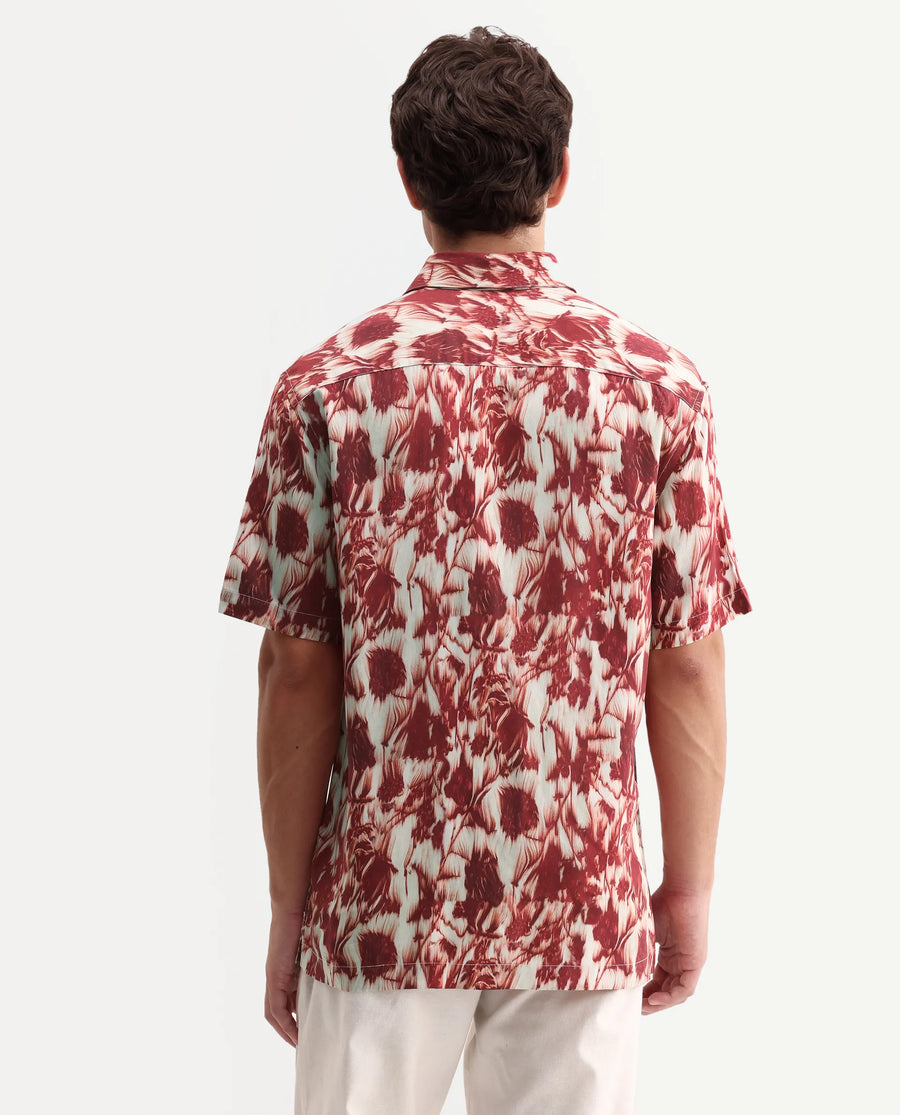 Rare Rabbit Men's Ziya Red Viscose Fabric Half Sleeve Regular Fit Abstract Print Shirt