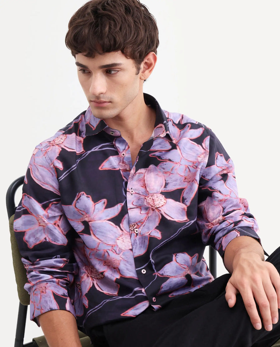 Rare Rabbit Men's Karal Black Cotton Blend Fabric Full Sleeve Regular Fit Floral Print Shirt