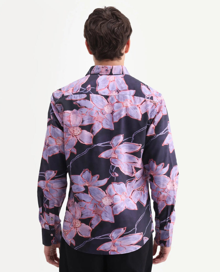 Rare Rabbit Men's Karal Black Cotton Blend Fabric Full Sleeve Regular Fit Floral Print Shirt