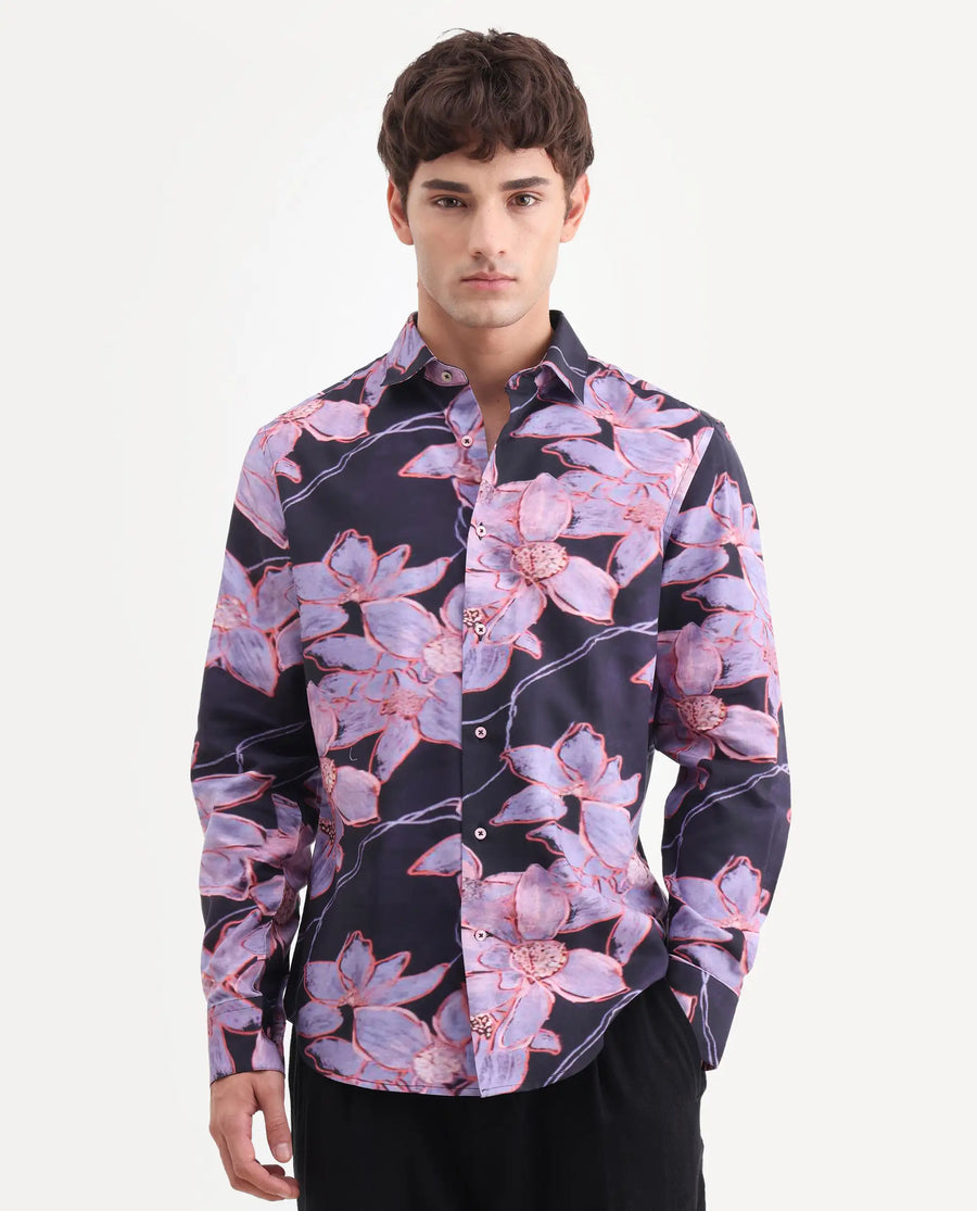 Rare Rabbit Men's Karal Black Cotton Blend Fabric Full Sleeve Regular Fit Floral Print Shirt