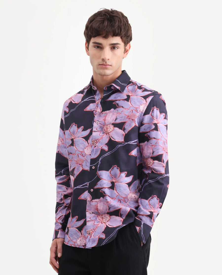 Rare Rabbit Men's Karal Black Cotton Blend Fabric Full Sleeve Regular Fit Floral Print Shirt