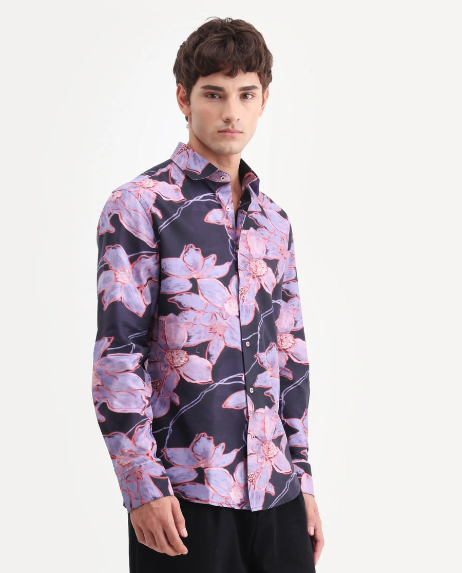 Rare Rabbit Men's Karal Black Cotton Blend Fabric Full Sleeve Regular Fit Floral Print Shirt