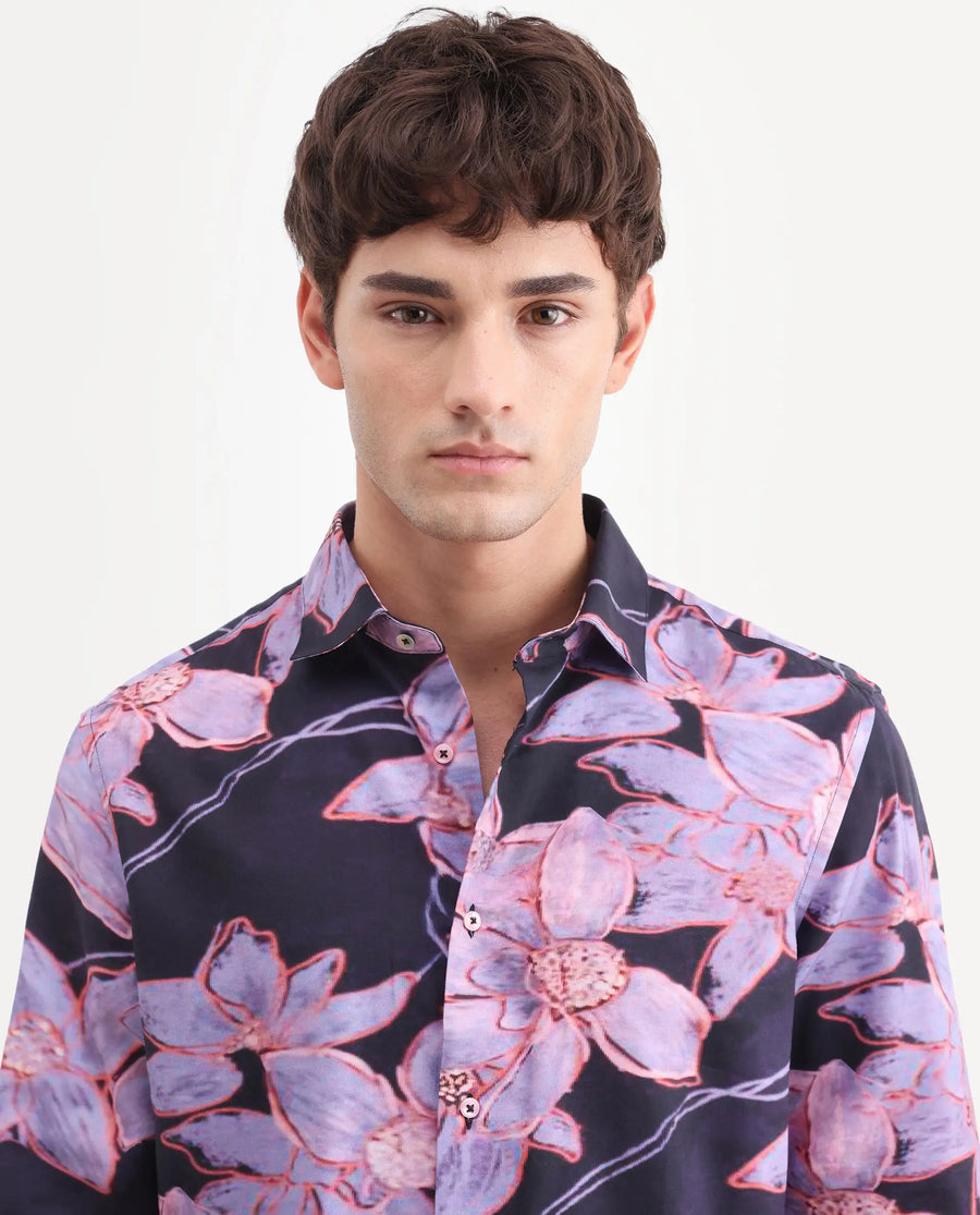 Rare Rabbit Men's Karal Black Cotton Blend Fabric Full Sleeve Regular Fit Floral Print Shirt