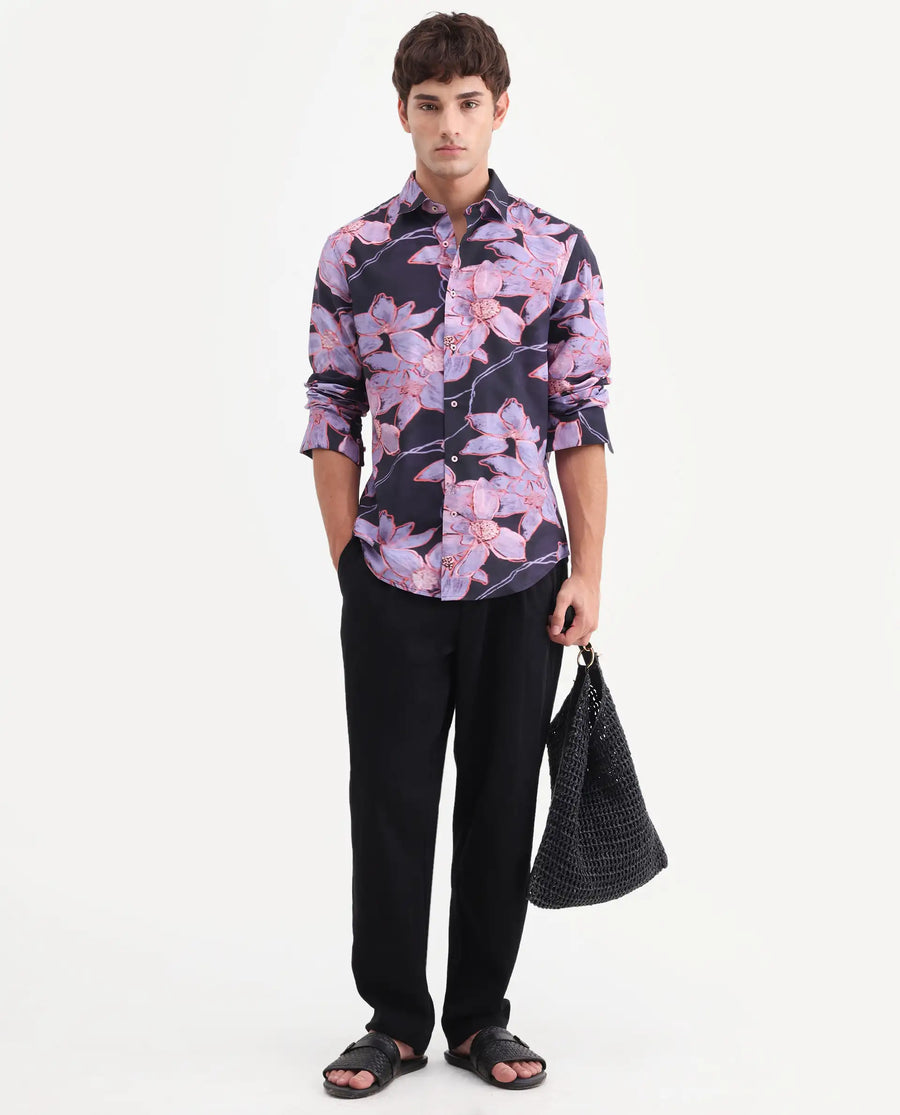 Rare Rabbit Men's Karal Black Cotton Blend Fabric Full Sleeve Regular Fit Floral Print Shirt