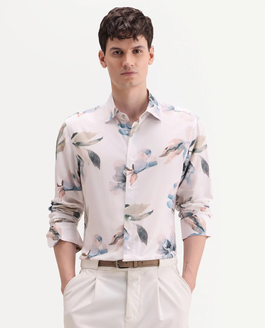 Rare Rabbit Men's Dali Off White Viscose Fabric Full Sleeve Regular Fit Floral Print Shirt