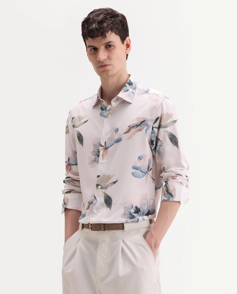 Rare Rabbit Men's Dali Off White Viscose Fabric Full Sleeve Regular Fit Floral Print Shirt