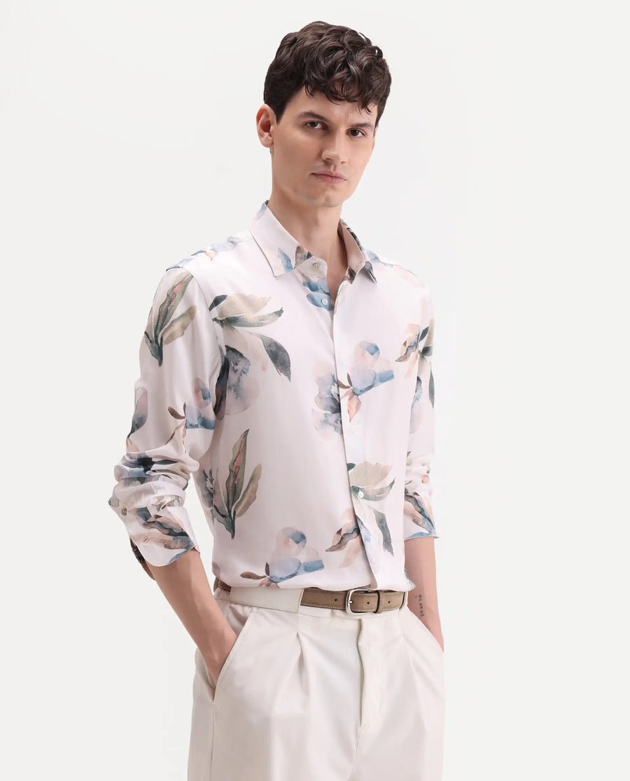 Rare Rabbit Men's Dali Off White Viscose Fabric Full Sleeve Regular Fit Floral Print Shirt