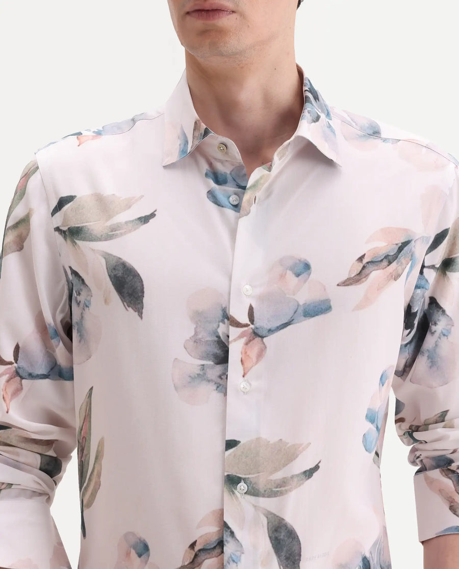 Rare Rabbit Men's Dali Off White Viscose Fabric Full Sleeve Regular Fit Floral Print Shirt